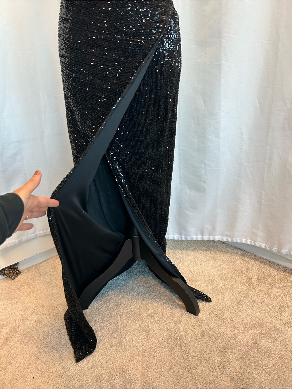 Black Sequin embellished Spaghetti Strap V-neck Formal Evening Gown high slit 8 - Picture 6 of 15